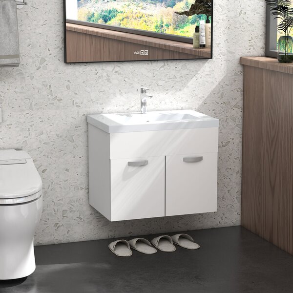 Kleankin Mobile Bagno Sospeso con Lavabo e Armadietto a 2 Ante Cerniere Ammortizzate Design Moderno 61x40x50cm Bianco |Aosom