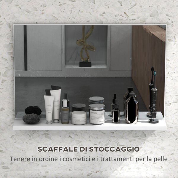 Kleankin Specchio Bagno da Parete con Mensola Design Moderno e Multiuso, 60x12x40 cm, Bianco