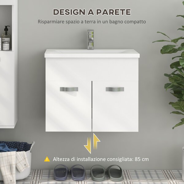 Kleankin Mobile Bagno Sospeso con Lavabo e Armadietto a 2 Ante Cerniere Ammortizzate Design Moderno 61x40x50cm Bianco |Aosom