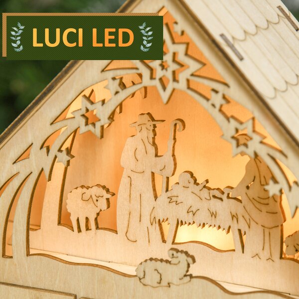 HOMCOM Calendario dell'Avvento in Legno con 24 Cassetti, Decorazione Natalizia con Presepe Intagliato e Luci, 26.6x6x30cm
