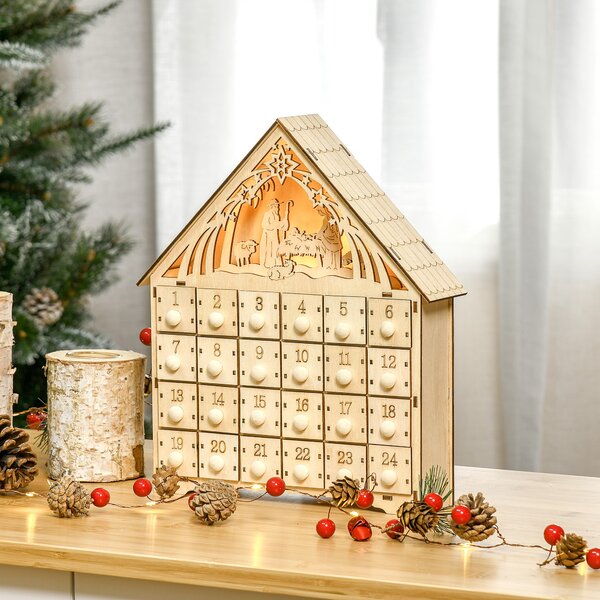 HOMCOM Calendario dell'Avvento in Legno con 24 Cassetti, Decorazione Natalizia con Presepe Intagliato e Luci, 26.6x6x30cm