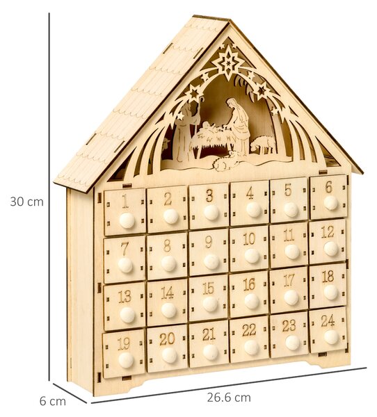 HOMCOM Calendario dell'Avvento in Legno con 24 Cassetti, Decorazione Natalizia con Presepe Intagliato e Luci, 26.6x6x30cm