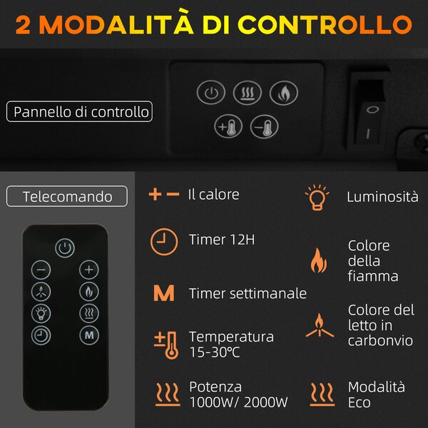 HOMCOM Caminetto Elettrico a 10 Colori con Spegnimento Automatico e Timer da 12h, 61x28x66.5 cm, Bianco|Aosom