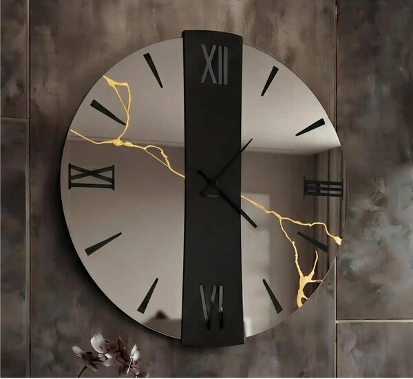 Orologio Da Muro BIG 80 cm VEGA KINTSUGI Struttura, a specchio Fum� A Specchio Diametro 80 cm decoro in foglia oro, lancette in metallo numeri e specchio di colore Nero Fum�