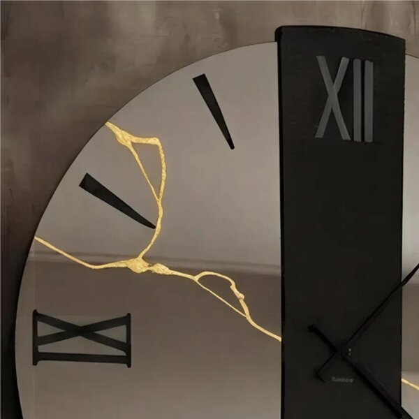Orologio Da Muro BIG 80 cm VEGA KINTSUGI Struttura, a specchio Fum� A Specchio Diametro 80 cm decoro in foglia oro, lancette in metallo numeri e specchio di colore Nero Fum�