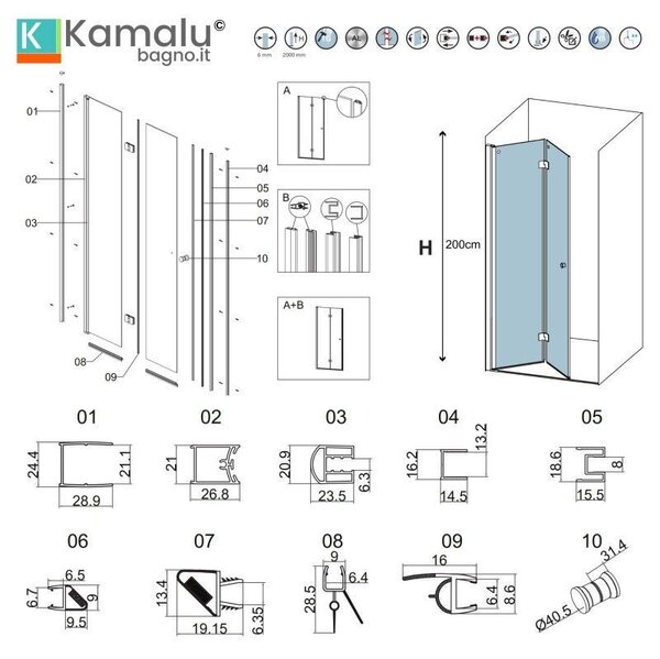 Kamalu porta doccia a libro 80 cm colore nero altezza 200h | kam-ks700n