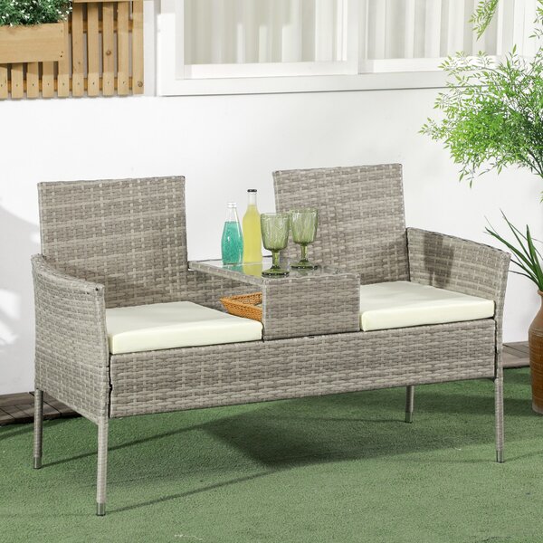 Outsunny Divanetto per Esterni 2 Posti con Tavolino da Caffè, in Acciaio e Rattan PE, 137x59x82 cm, Grigio e Crema|Aosom