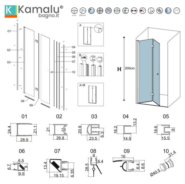 Kamalu porta doccia a libro 80 cm altezza 200h | kam-ks700