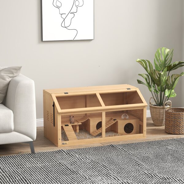 PawHut Gabbia per Criceti con Piattaforma, Scalette, Capanna e Ponte, in Legno di Abete, 85x45x44 cm|Aosom