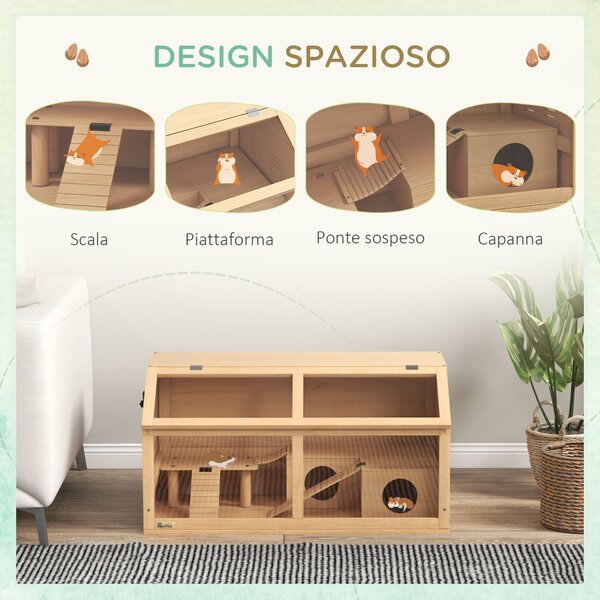 PawHut Gabbia per Criceti con Piattaforma, Scalette, Capanna e Ponte, in Legno di Abete, 85x45x44 cm|Aosom