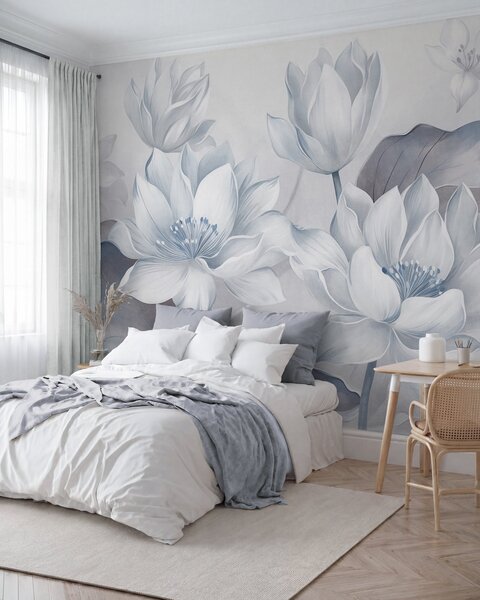 Carta da parati Fiori di loto in rilievo con petali delicati e grandi foglie di un blu tenue, Carta da parati Buffer, w10027v1 : Uwalls.it