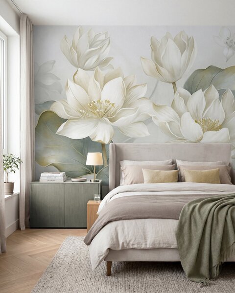 Carta da parati Fiori di loto in rilievo con petali delicati, grandi foglie di un verde tenue, Carta da parati Buffer, w10027 : Uwalls.it