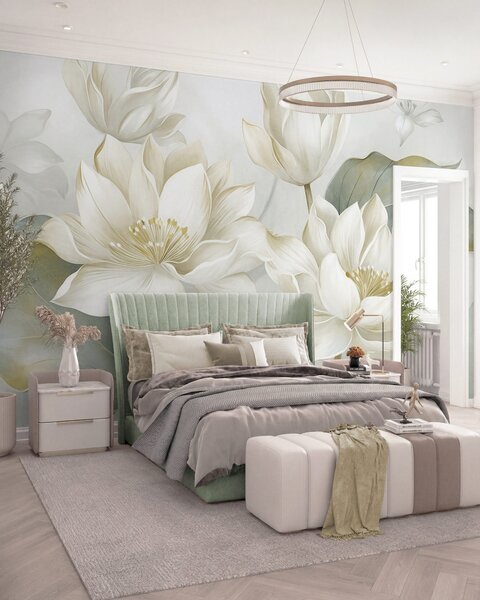 Carta da parati Fiori di loto in rilievo con petali delicati, grandi foglie di un verde tenue, Carta da parati Buffer, w10027 : Uwalls.it