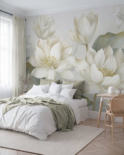 Carta da parati Fiori di loto in rilievo con petali delicati, grandi foglie di un verde tenue, Carta da parati Buffer, w10027 : Uwalls.it