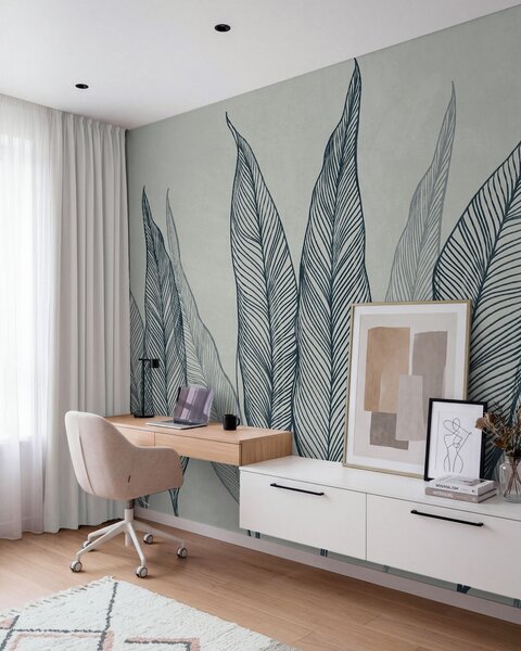 Carta da parati Foglie blu stilizzate con intricati dettagli lineari su sfondo grigio, opera d’arte con, Carta da parati Buffer, w10030v3 : Uwalls.it