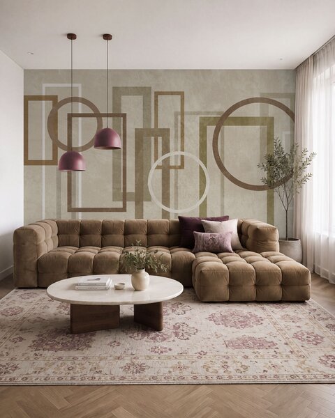 Carta da parati Forme geometriche e strutturate, tra cui rettangoli e cerchi, in tonalità terrose, Carta da parati Buffer, w10031v1 : Uwalls.it