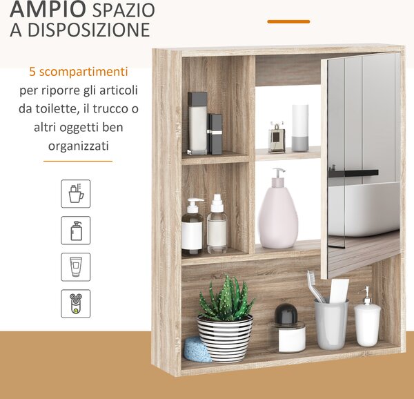 Kleankin Armadietto a specchio per bagno con scaffale regolabile, montaggio a muro, color rovere, 60 x 15 x 76cm|Aosom