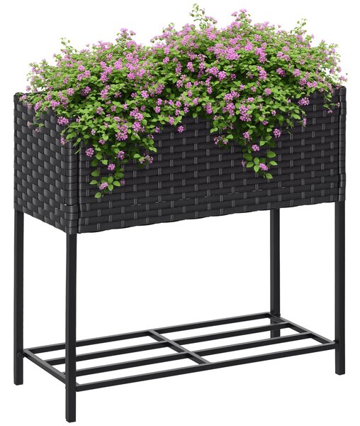 Outsunny Giardino Rialzato, Fioriera Effetto Vimini con Ripiano, Esterni e Interni, Grigio (70cm x 30cm x 72cm)