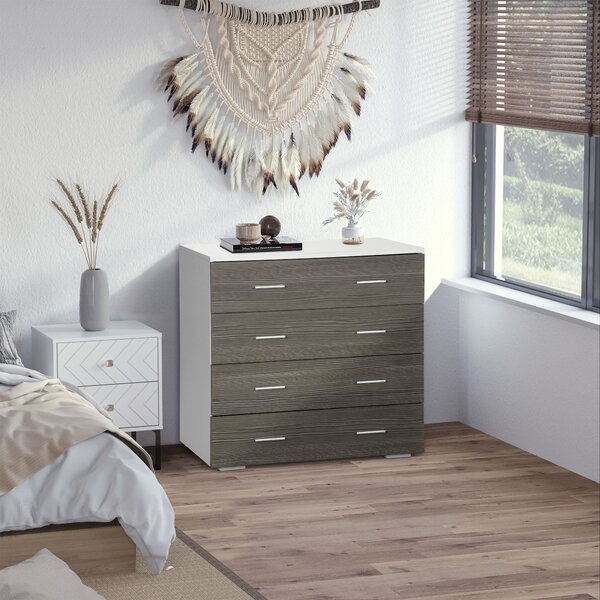 HOMCOM Cassettiera Moderna 4 Cassetti con Maniglie in Alluminio e Struttura in Legno, 76x35x72cm, Bianco e Grigio|Aosom