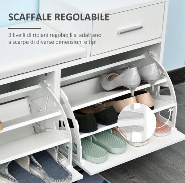 Homcom Scarpiera Salcaspzio da Ingresso 3 Scomparti con Panca Sedile Comodo Seduta con Cuscino Imbottito Bianco