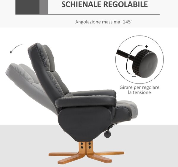 Homcom poltrona con poggiapiedi Poltrona Relax Imbottita Comoda Ergonomica Morbida con Poggiapiedi, Reclinazione Manuale, Nero