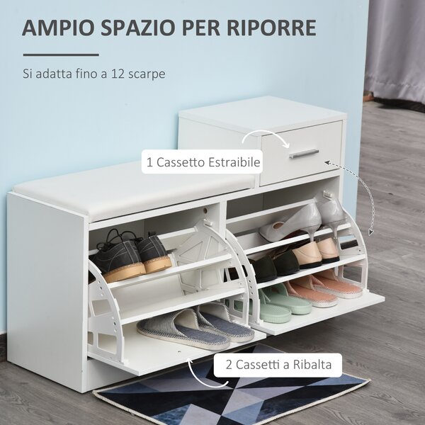 Homcom Scarpiera Salcaspzio da Ingresso 3 Scomparti con Panca Sedile Comodo Seduta con Cuscino Imbottito Bianco
