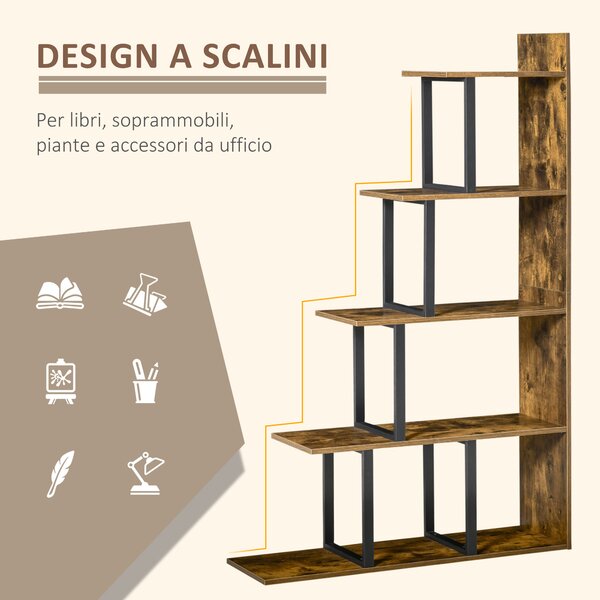 HOMCOM Libreria Scaffale Moderno a Scala con 5 Ripiani, in Stile Industriale e in Legno, 102x30x160cm, Nero e Color Legno|Aosom Italy