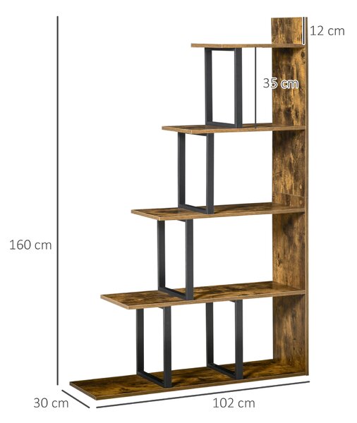 HOMCOM Libreria Scaffale Moderno a Scala con 5 Ripiani, in Stile Industriale e in Legno, 102x30x160cm, Nero e Color Legno|Aosom Italy