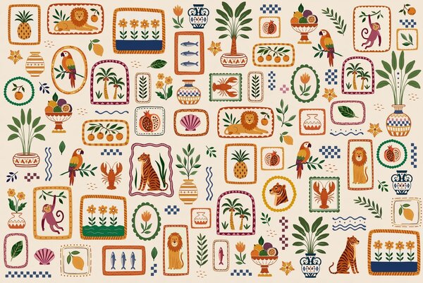 Carta da parati Motivo colorato con animali, piante e frutta, Carta da parati Buffer, w05885 : Uwalls.it