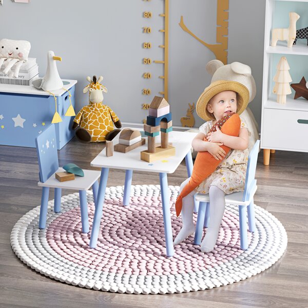 HOMCOM Set Tavolino e 2 Sedie ergonomica per Bambini 2-6 Anni, in MDF e Legno, Bordi arrotondati, Azzurro e Bianco, Set 3 Pezzi|Aosom Italy