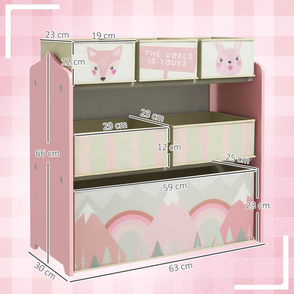 ZONEKIZ Scaffale Portagiochi per Bambini con 6 Contenitori Rimovibili in Tessuto, 63x30x66cm, Rosa|Aosom