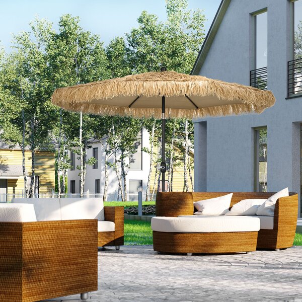 Outsunny Ombrellone da Giardino Rotondo con Copertura in Paglia e Manovella, Ø265x250cm, Cachi|Aosom