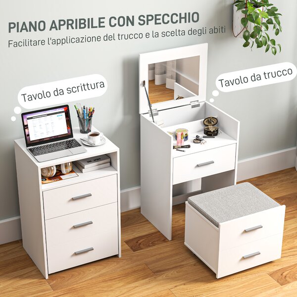HOMCOM Tavolo da Trucco in Legno con Specchio Ribaltabile, 2 Cassetti e Sgabello, 50x40x113.5 cm, Bianco