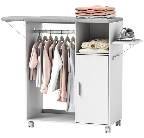 HOMCOM Mobile Asse da Stiro con Piano d'Appoggio, 3 Ripiani a Cubo e Guida, 127x42.5x99 cm, Bianco|Aosom