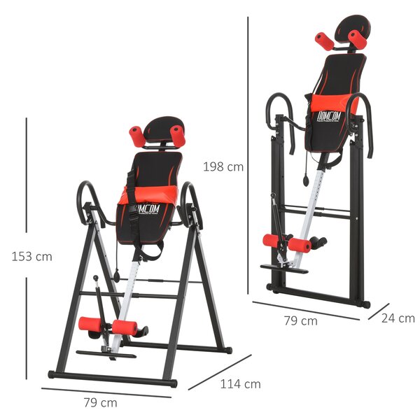 HOMCOM Panca a Inversione con Angolo e Altezza Regolabile e Poggiatesta, in Acciaio e Plastica, 79x114x153 cm, Rosso e Nero