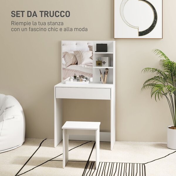 HOMCOM Tavolo da Trucco a 3 Ripiani e Cassetti con Specchio e Sgabello, in Truciolato, 75x40x137 cm, Bianco