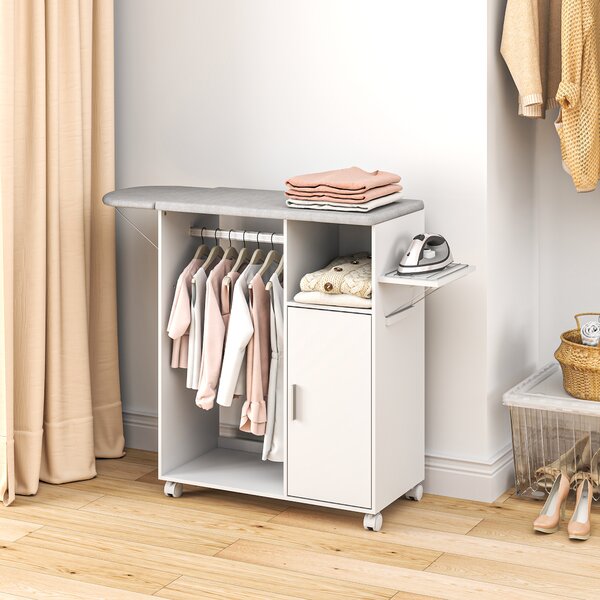 HOMCOM Mobile Asse da Stiro con Piano d'Appoggio, 3 Ripiani a Cubo e Guida, 127x42.5x99 cm, Bianco|Aosom