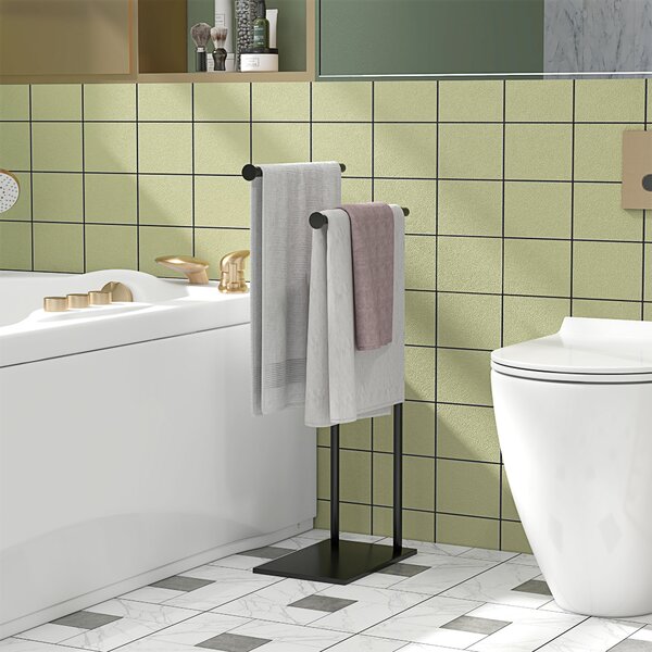 HOMCOM Porta Asciugamani Bagno a 2 Sbarre da Terra Autoportante a 2 Bracci in Metallo, 35.5x20x78cm, Nero|Aosom Italy