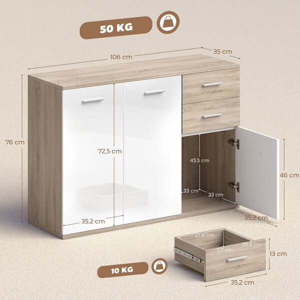 HOMCOM Credenza Moderna con 3 Armadietti e 2 Cassetti, in Legno, 106x35x76 cm, Color Legno | Aosom Italy