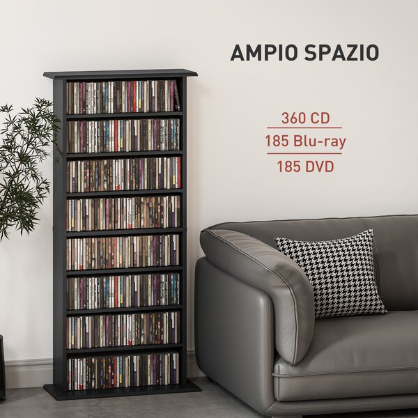 HOMCOM Mobile Scaffale Porta CD con 6 Ripiani Regolabili, Capacità di 360 CD/185 DVD, Design Moderno in Legno 58x24x124.5 cm, Nero|Aosom Italy