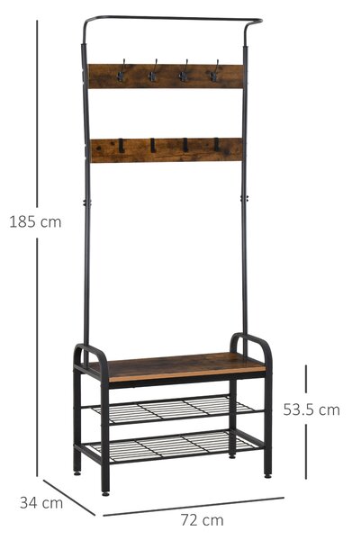 HOMCOM Appendiabiti da Terra in Stile Industriale con Scarpiera (3 Ripiani/8 Ganci) Legno MDF e Metallo, 72x34x185cm