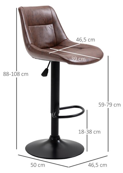 HOMCOM Set 2 Sgabelli da Bar Vintage in Finta Pelle Marrone con Poggiapiedi e Base Rotonda, 46.5x50x88-108 cm | Aosom Italy