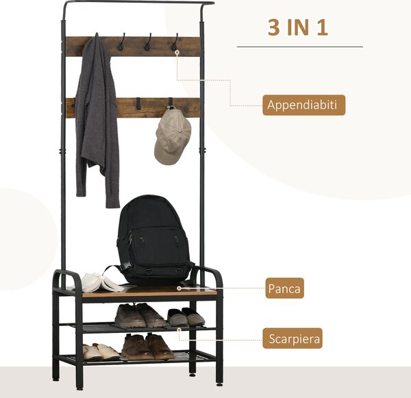 HOMCOM Appendiabiti da Terra in Stile Industriale con Scarpiera (3 Ripiani/8 Ganci) Legno MDF e Metallo, 72x34x185cm