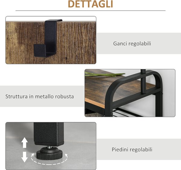 HOMCOM Appendiabiti da Terra in Stile Industriale con Scarpiera (3 Ripiani/8 Ganci) Legno MDF e Metallo, 72x34x185cm