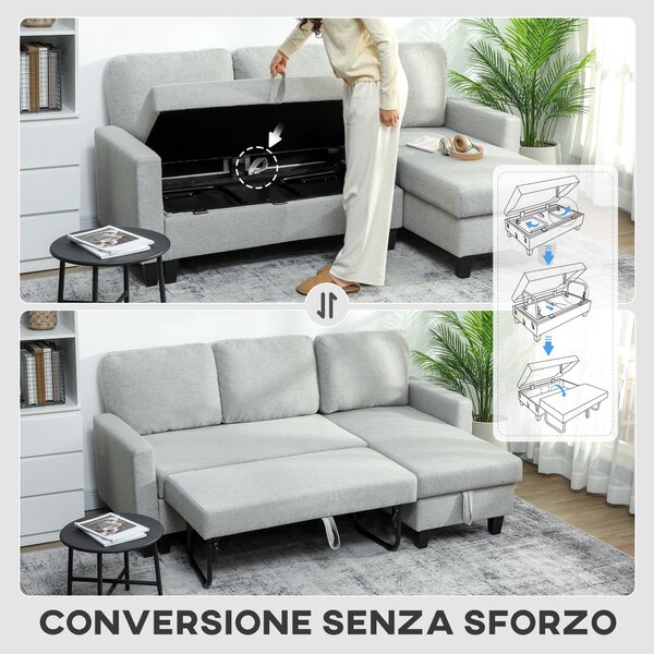 HOMCOM Divano Letto Contenitore 3 Posti in Tessuto Effetto Lino, Grigio e Nero | Aosom Italy
