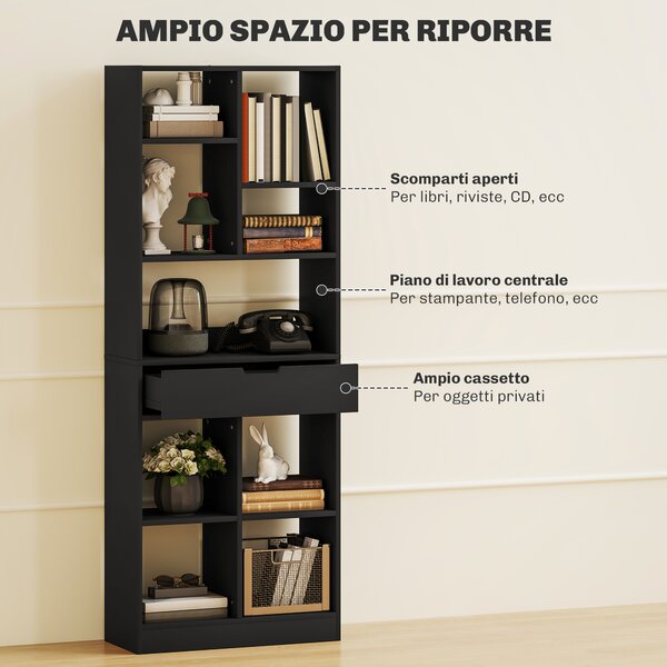 HOMCOM Libreria Moderna in Legno con Cassetto Centrale e Kit Antiribaltamento, 60x26x158 cm, Nero | Aosom Italy