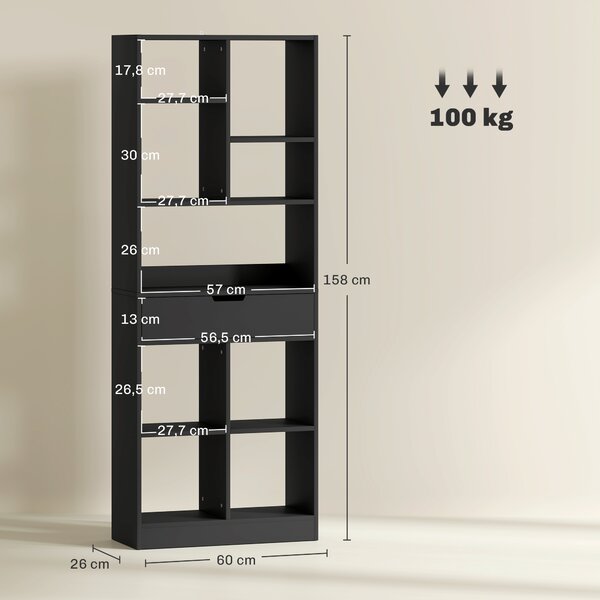HOMCOM Libreria Moderna in Legno con Cassetto Centrale e Kit Antiribaltamento, 60x26x158 cm, Nero | Aosom Italy