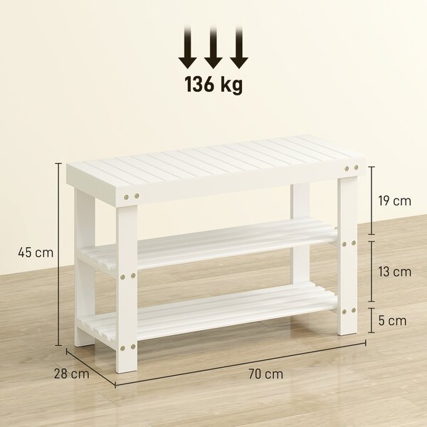 HOMCOM Panca Scarpiera Bassa in Bambù con 2 Ripiani a Doghe e Seduta, 70x28x45 cm, Bianco | Aosom Italy