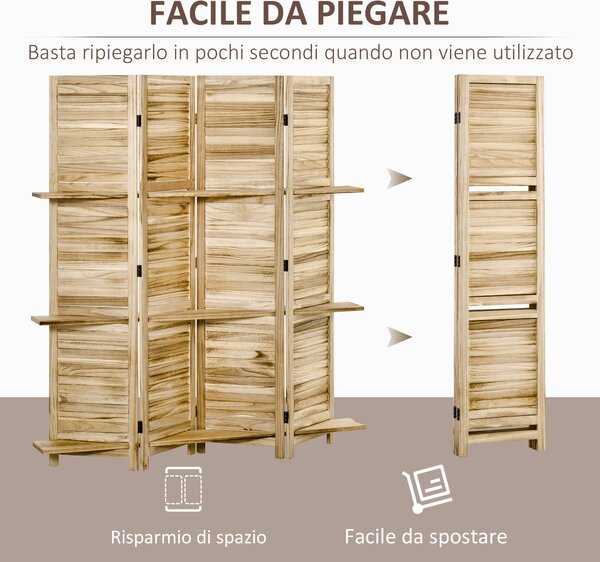 HOMCOM Paravento Divisorio per Interni Pieghevole a 4 Ante con Ripiani in Legno di Paulonia, 162x170 cm, Legno | Aosom Italy