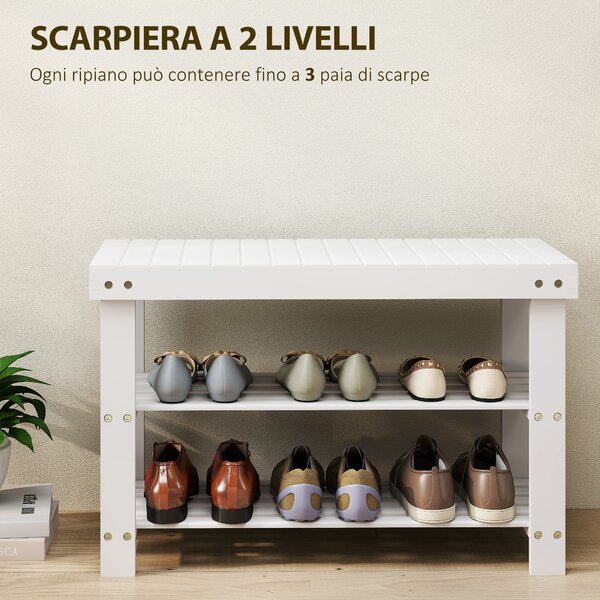 HOMCOM Panca Scarpiera Bassa in Bambù con 2 Ripiani a Doghe e Seduta, 70x28x45 cm, Bianco | Aosom Italy